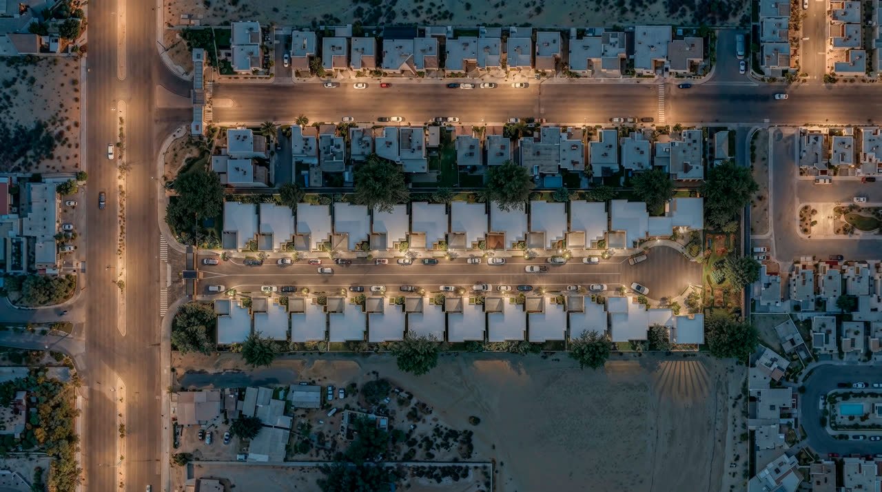 Vista aérea del residencial al anochecer, con la calle privada iluminada y la mancha urbana de Mexicali alrededor.